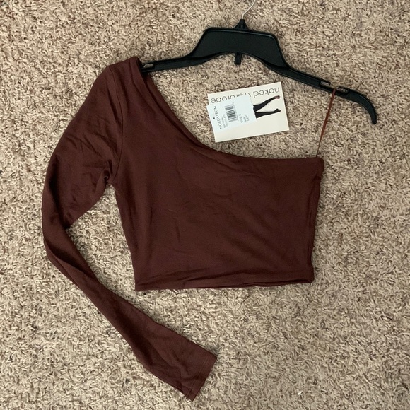 NAKED WARDROBE the nw one shoulder crop top chocolate brown. - Picture 4 of 6